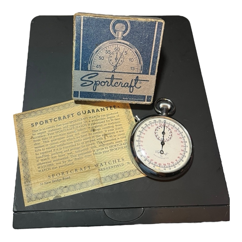 Swiss Made Sportcraft 1/10 Mechanical Wind Up VTG Stopwatch w/Box Antimagnetic